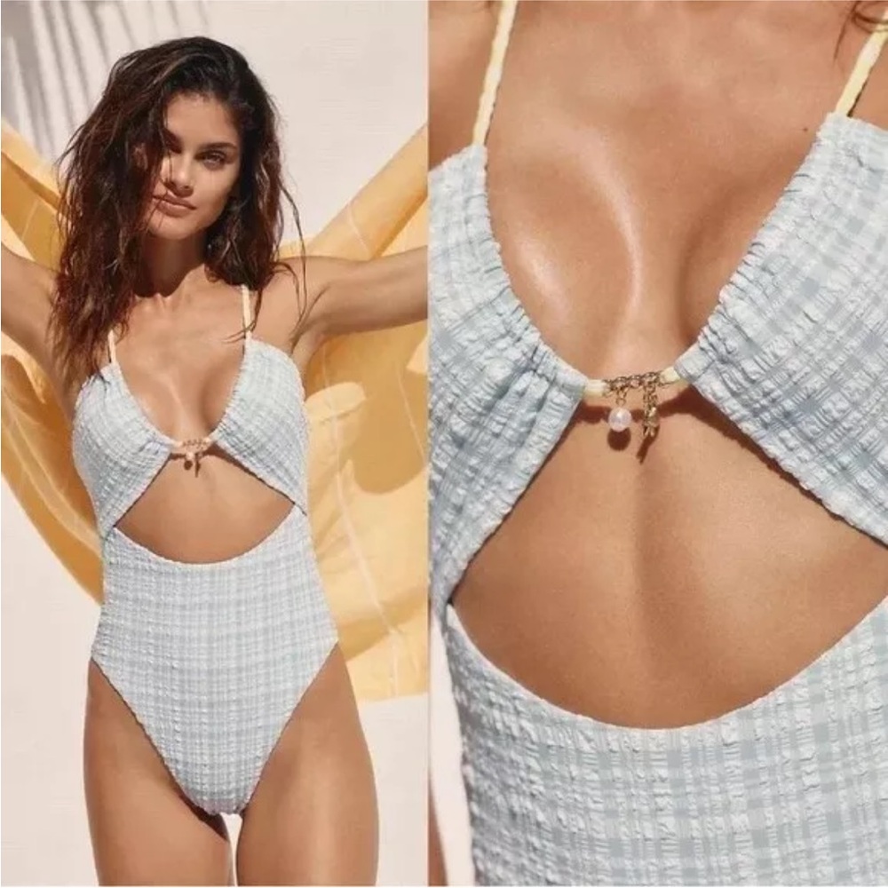 L-Space Rizzo One Piece Kids Blue Checkered One Piece Swimsuit cutout waist XS